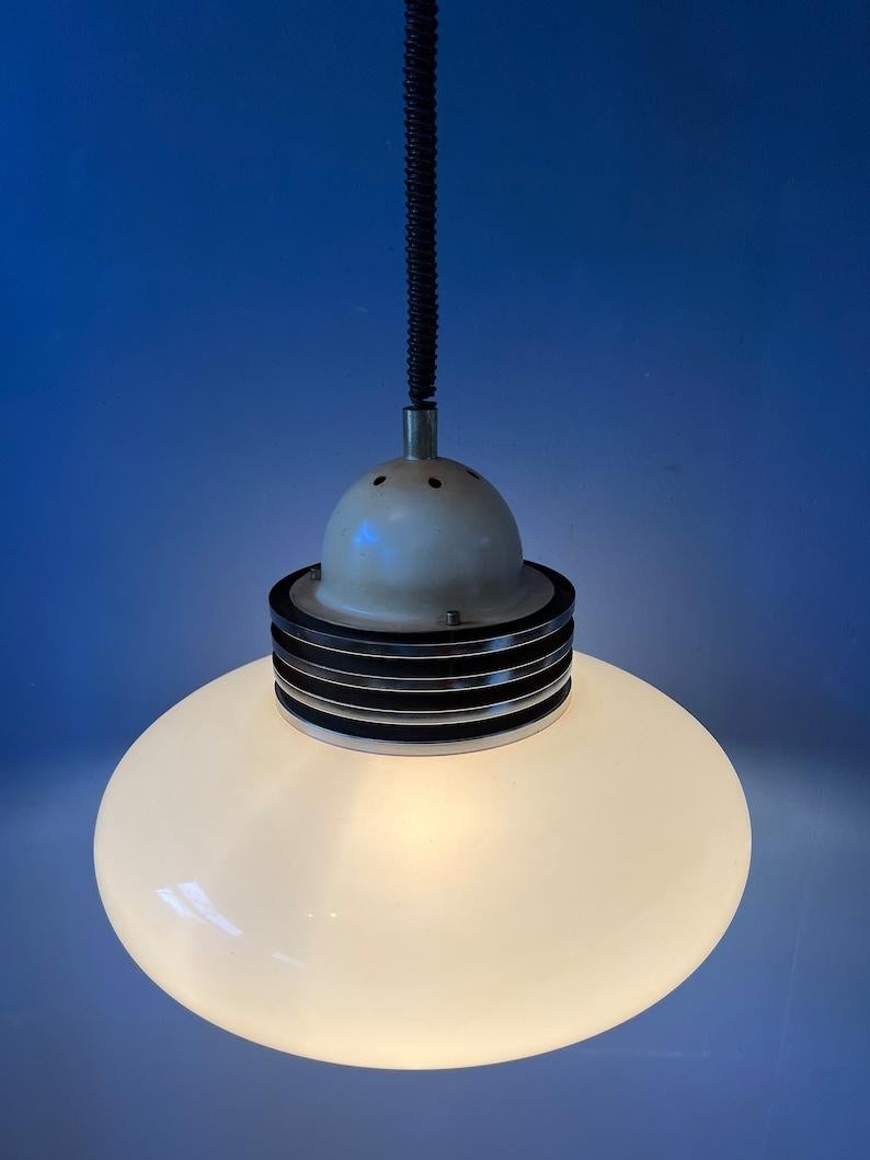 Metal White Space Age Pendant Lamp with Plexiglass Shade and Chrome Top Cap, 1970s For Sale
