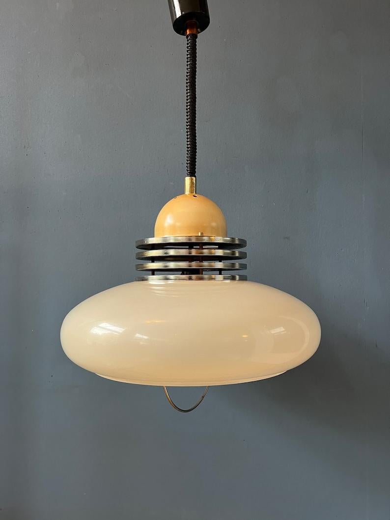 White Space Age Pendant Lamp with Plexiglass Shade and Chrome Top Cap, 1970s For Sale 1