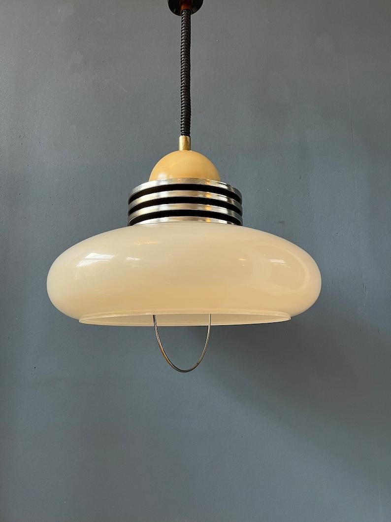 White Space Age Pendant Lamp with Plexiglass Shade and Chrome Top Cap, 1970s For Sale 2