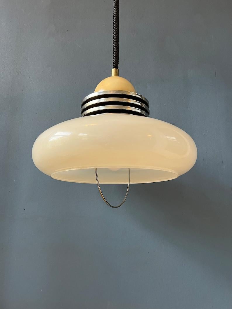 White Space Age Pendant Lamp with Plexiglass Shade and Chrome Top Cap, 1970s For Sale 3