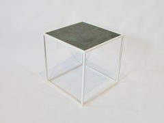 White Square Steel Frame End Table with Slate Top
