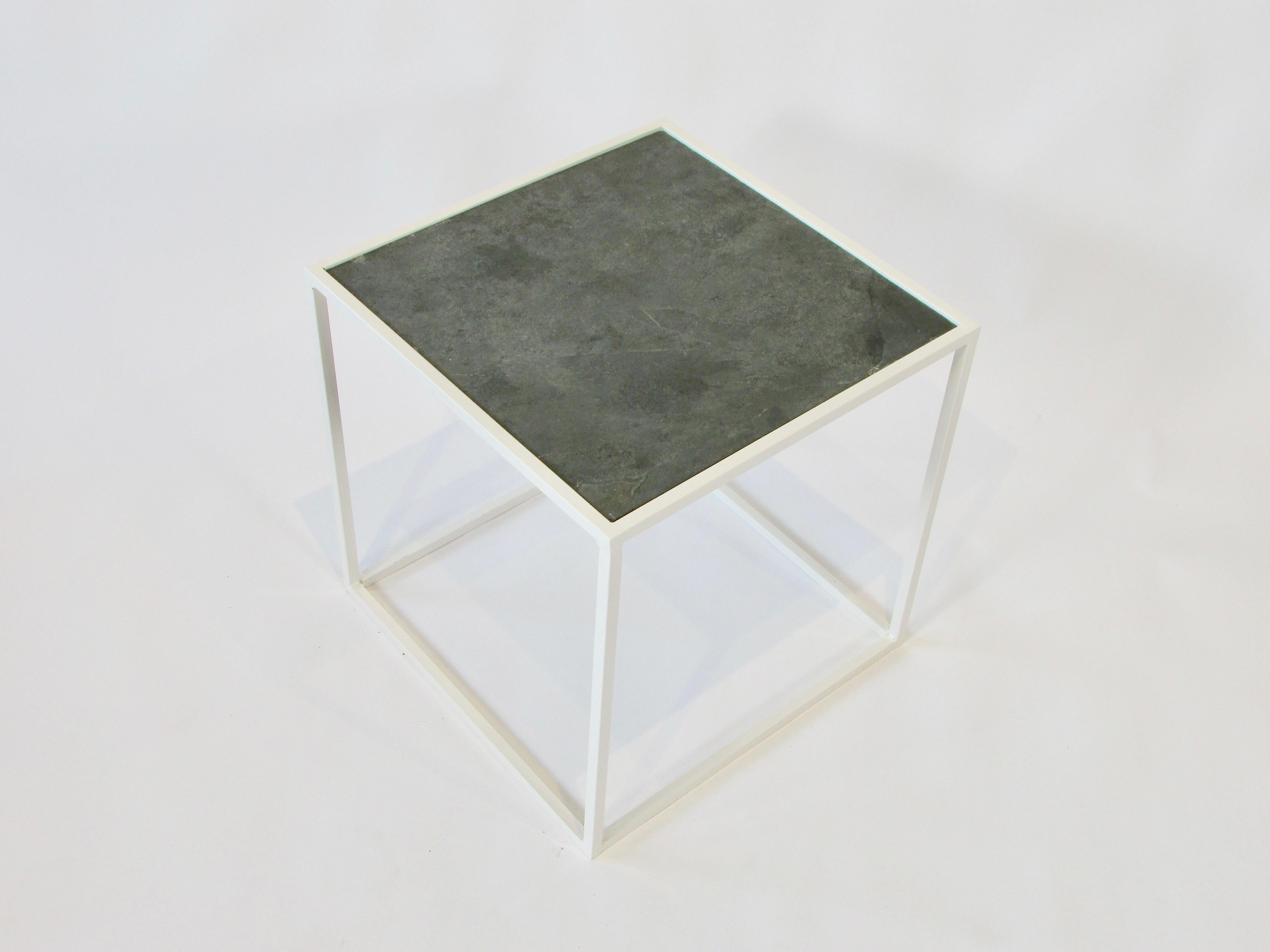 Mid-Century Modern White Square Steel Frame End Table with Slate Top For Sale