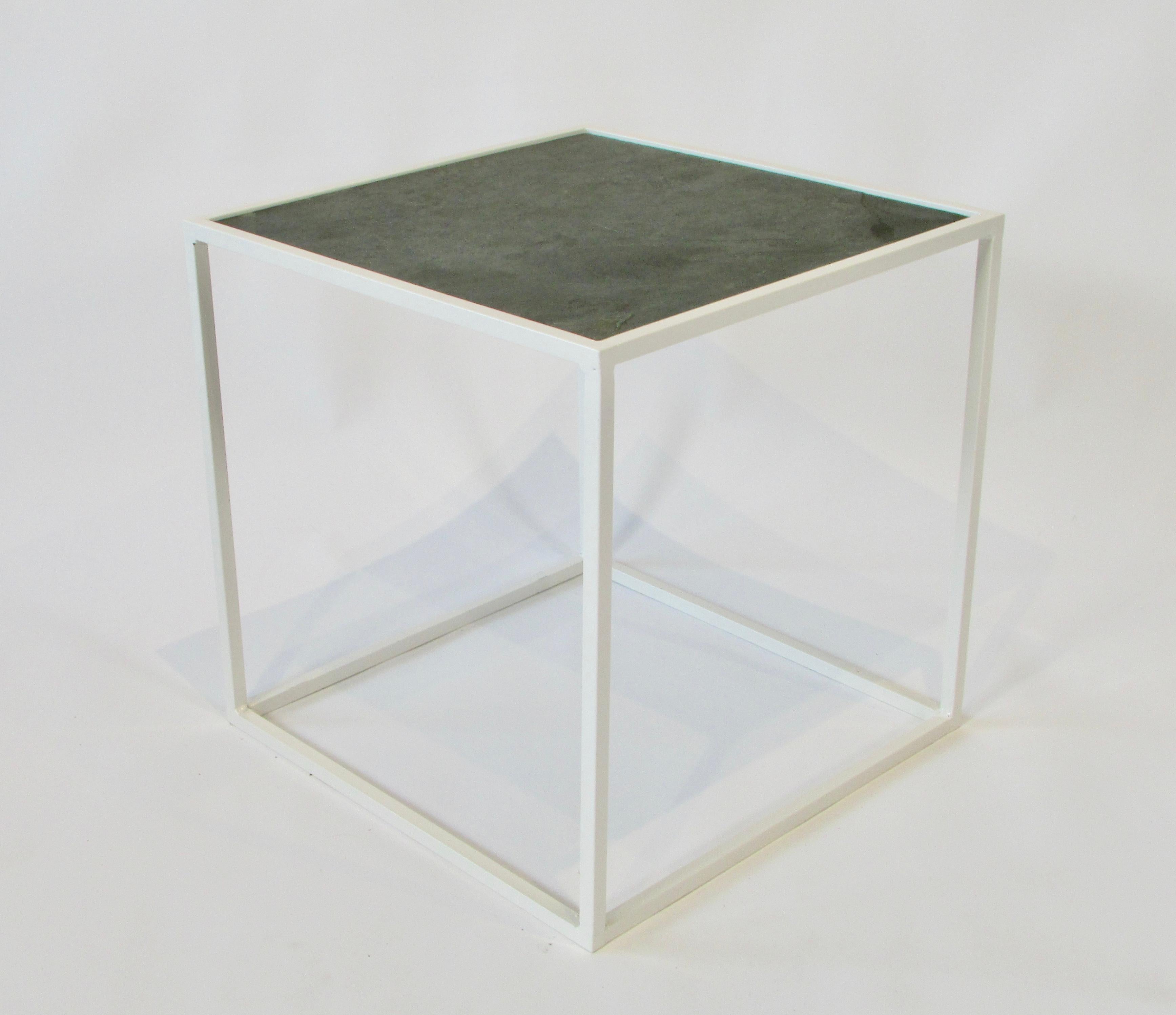 White Square Steel Frame End Table with Slate Top In Good Condition For Sale In Ferndale, MI