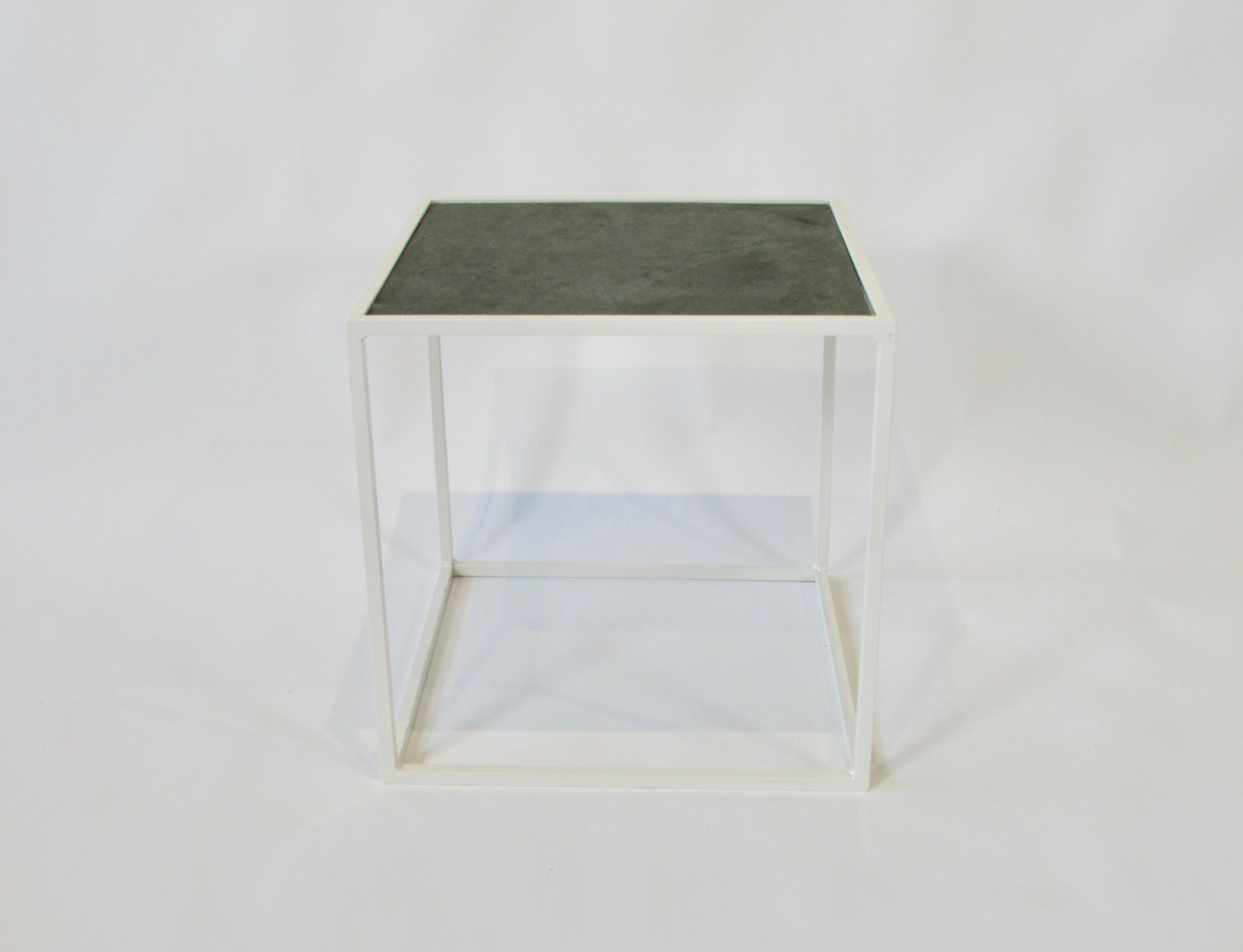 20th Century White Square Steel Frame End Table with Slate Top For Sale