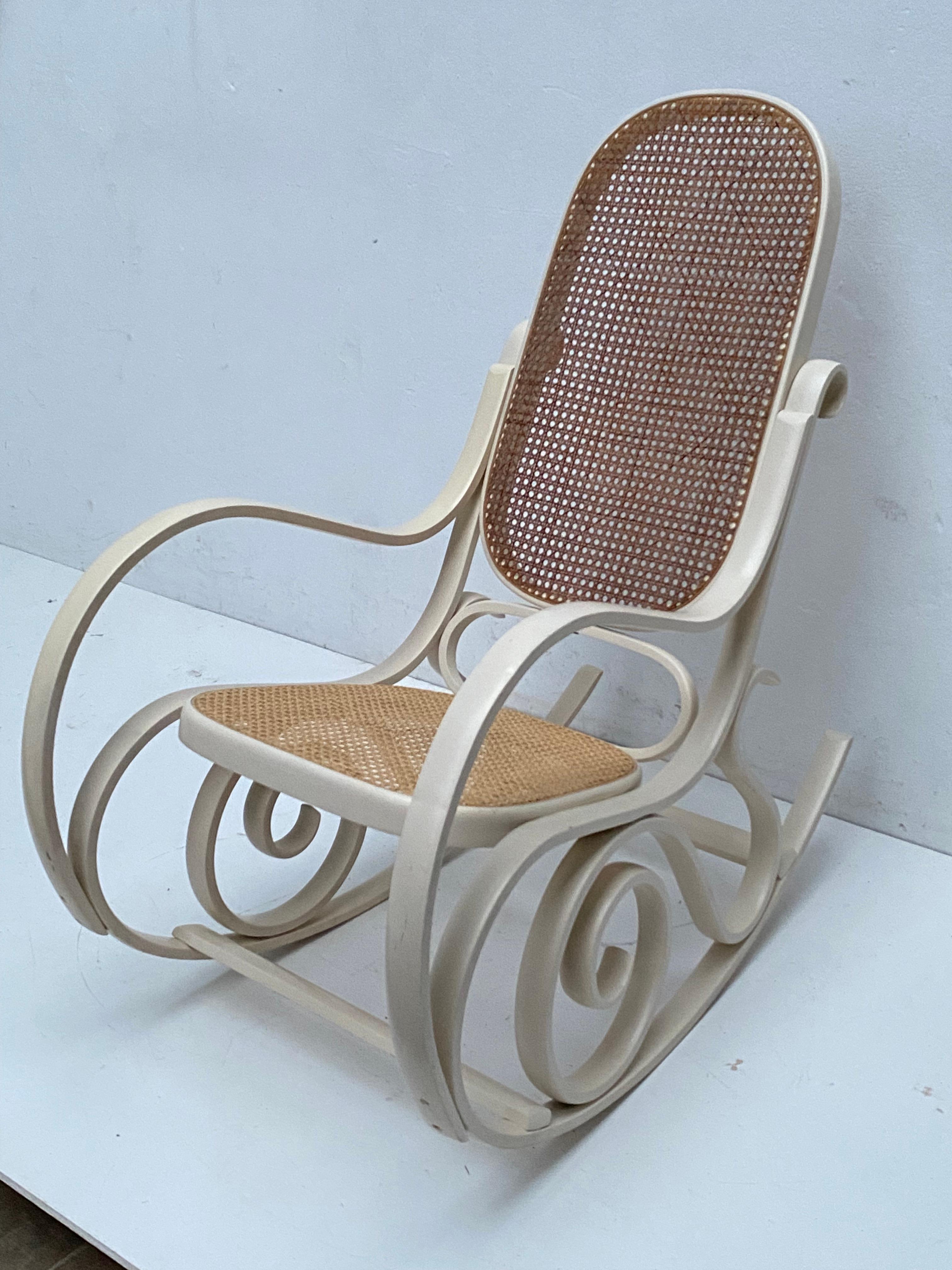 Rattan White Stained Beech Rocking Chair by Luigi Grassevig Italy, 1970's For Sale