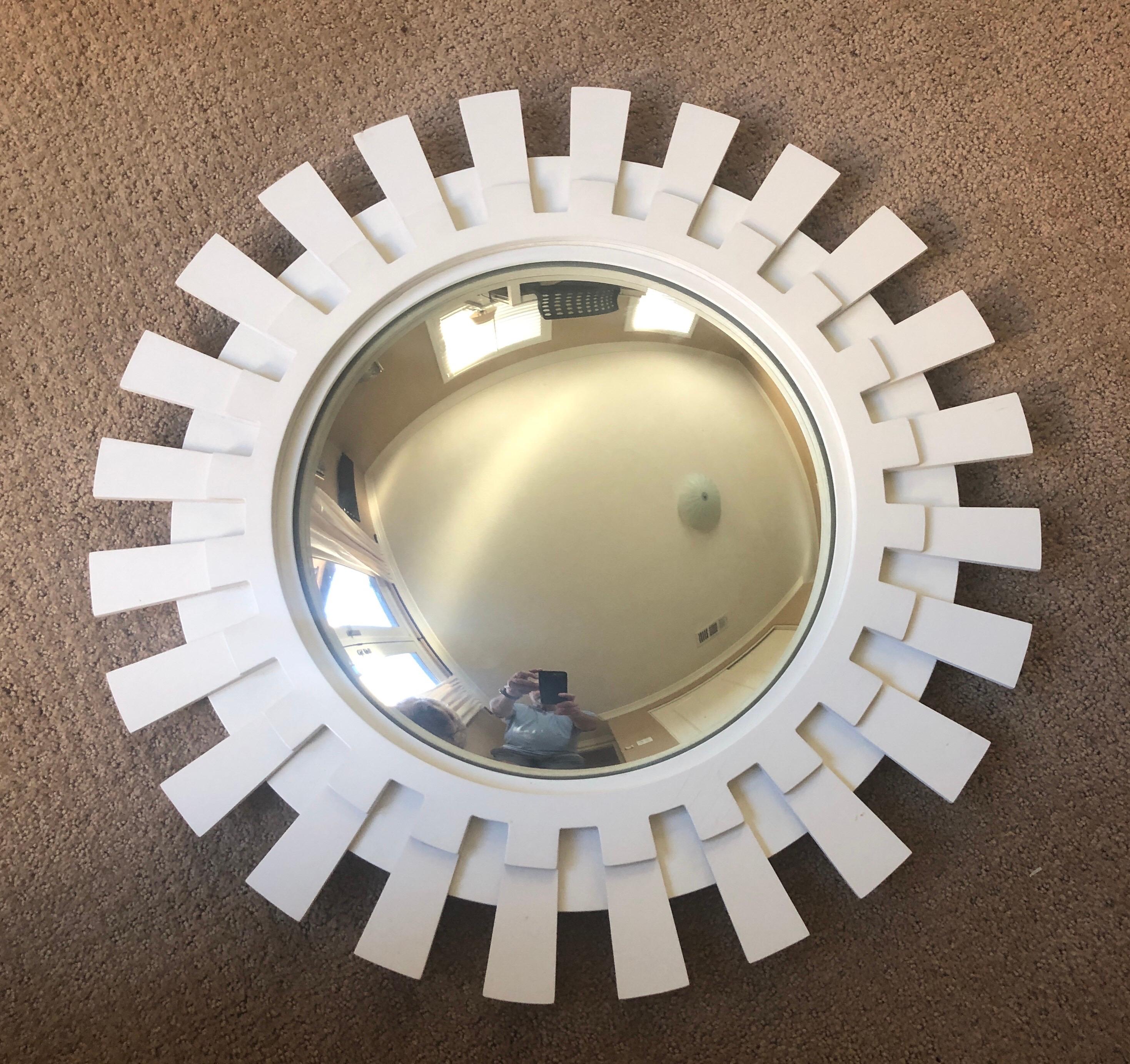 Unique white starburst mirror with convexed glass by Baker Furniture, circa 2000s. The mirror measures 24.75