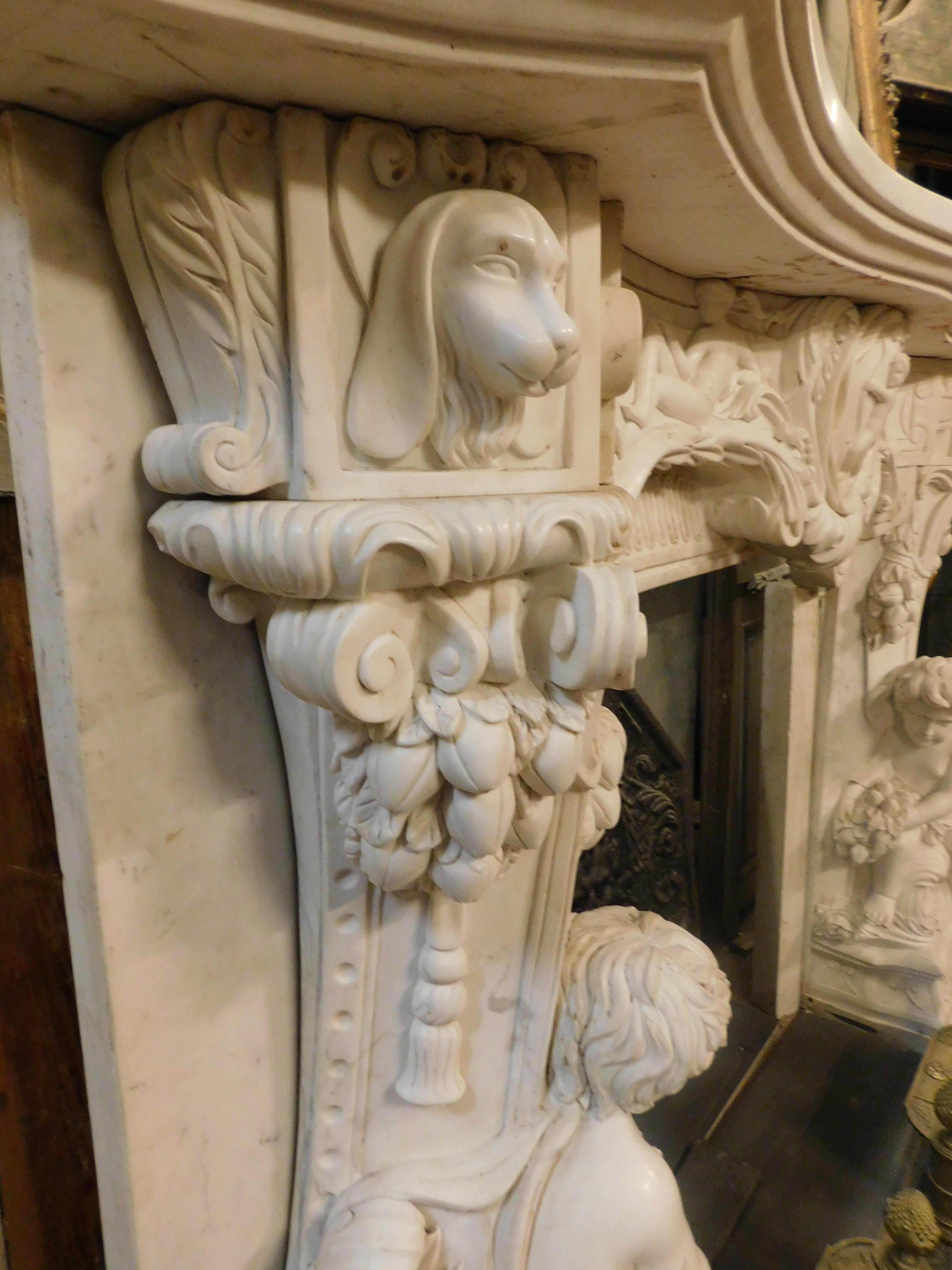 White Statuary Marble Fireplace, Richly Carved with Cherubs, Cupid, Dogs, Italy For Sale 3
