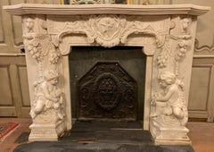 White Statuary Marble Fireplace, Richly Carved with Cherubs, Cupid, Dogs, Italy