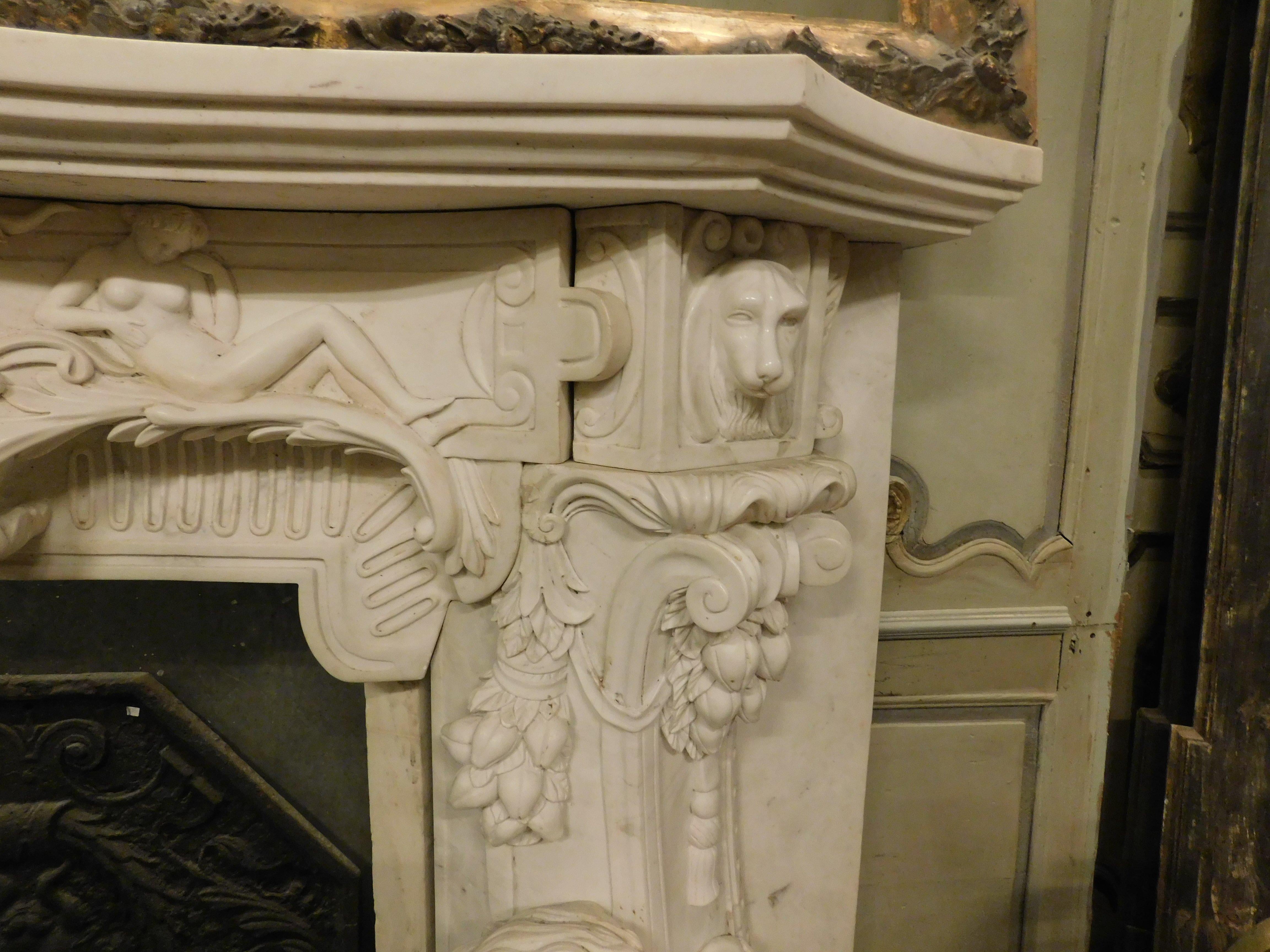 20th Century White Statuary Marble Fireplace, Richly Carved with Cherubs, Cupid, Dogs, Italy For Sale
