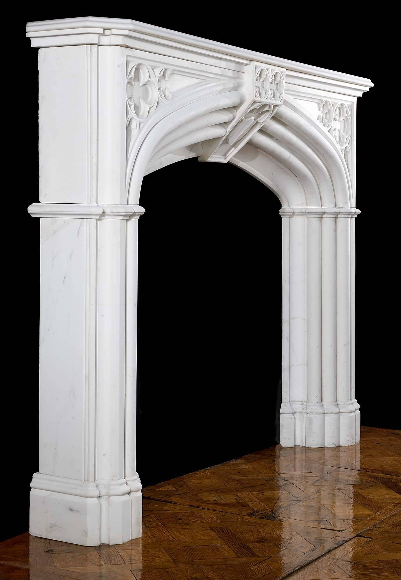 Carved White Statuary Marble Gothic Revival Chimneypiece