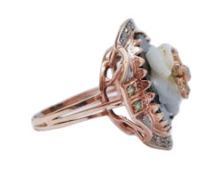 White Stone, Black Agate, Tsavorite, Diamonds, Rose Gold and Silver Ring.