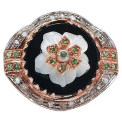 White Stone, Black Agate, Tsavorite, Diamonds, Rose Gold and Silver Ring.