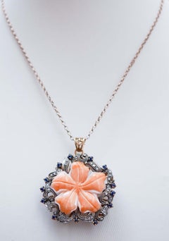 White Stone, Coral, Diamonds, Sapphires, Rose Gold and Silver Pendant.