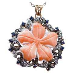 White Stone, Coral, Diamonds, Sapphires, Rose Gold and Silver Pendant.
