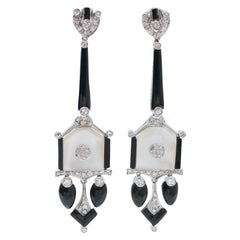 White Stones, Black Agate, Diamonds, Platinum Earrings.