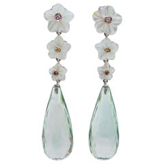 Vintage White Stones, Green Amethysts, Diamonds, Platinum Dangle Earrings.