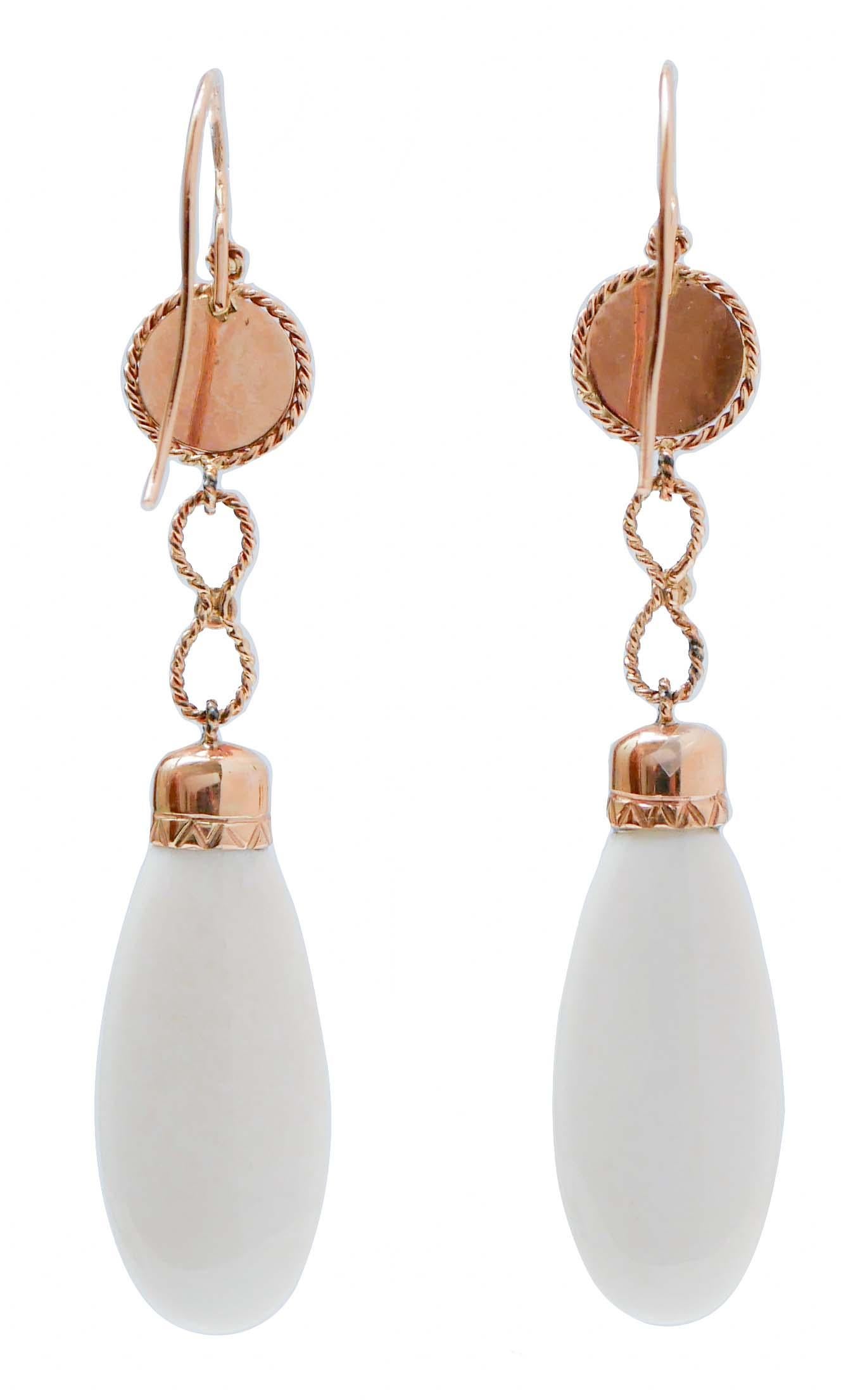 Retro White Stones, Onyx, 14 Karat Rose Gold Dangle Earrings. For Sale