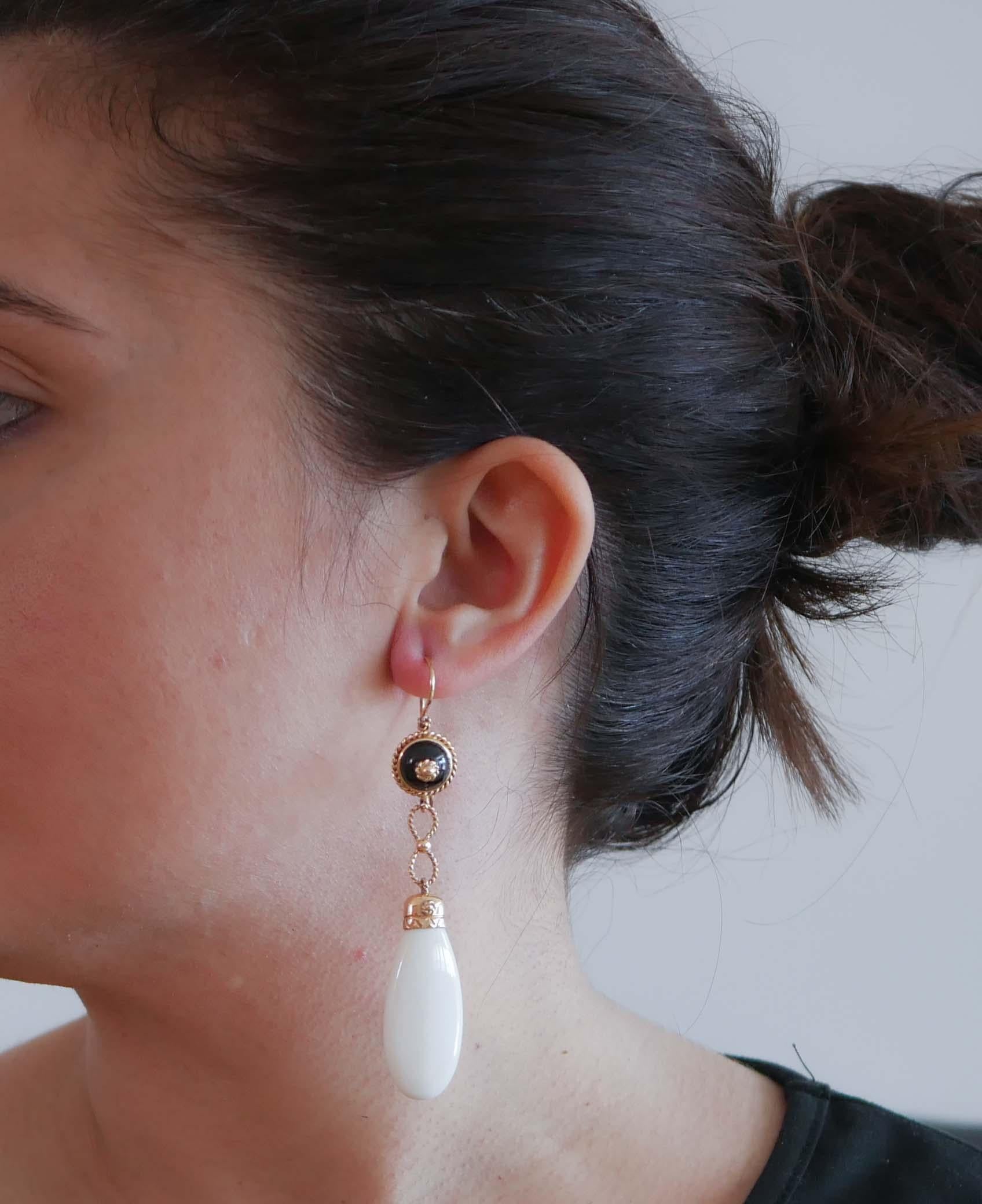 Mixed Cut White Stones, Onyx, 14 Karat Rose Gold Dangle Earrings. For Sale