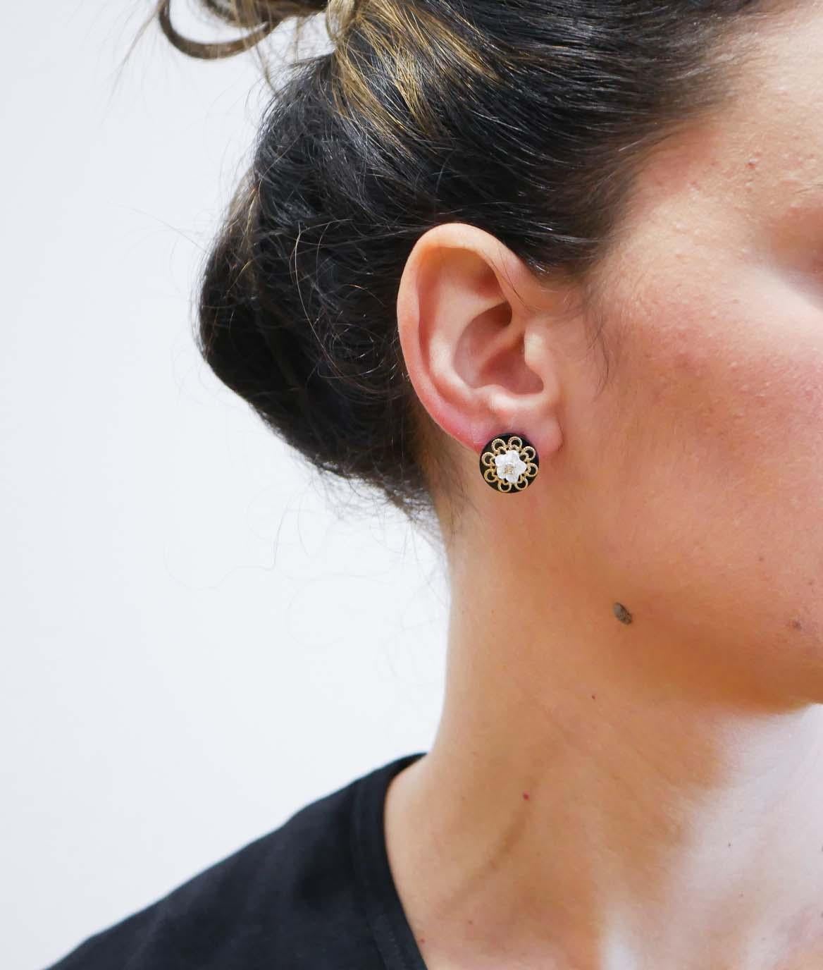 Mixed Cut White Stones, Onyx, Diamonds, Rose Gold and White Gold Earrings.