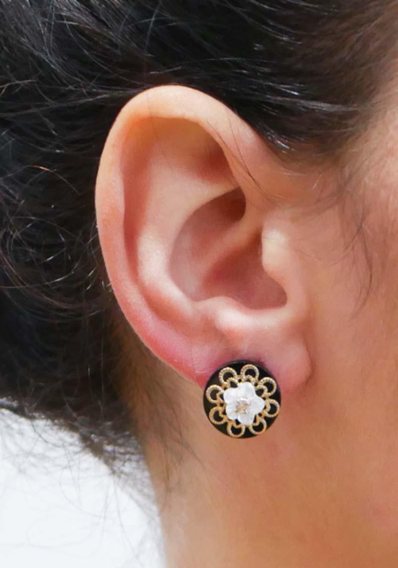 White Stones, Onyx, Diamonds, Rose Gold and White Gold Earrings. In Good Condition In Marcianise, Marcianise (CE)