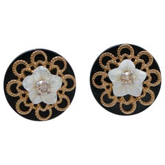 White Stones, Onyx, Diamonds, Rose Gold and White Gold Earrings.