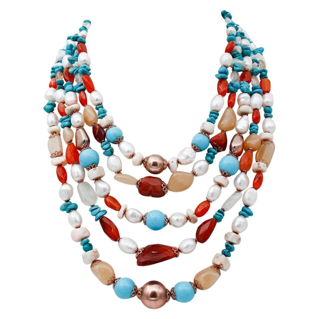 White Stones Turquoise Pearls Carnelians Moon-Stone Silver Multi-Strand Necklace