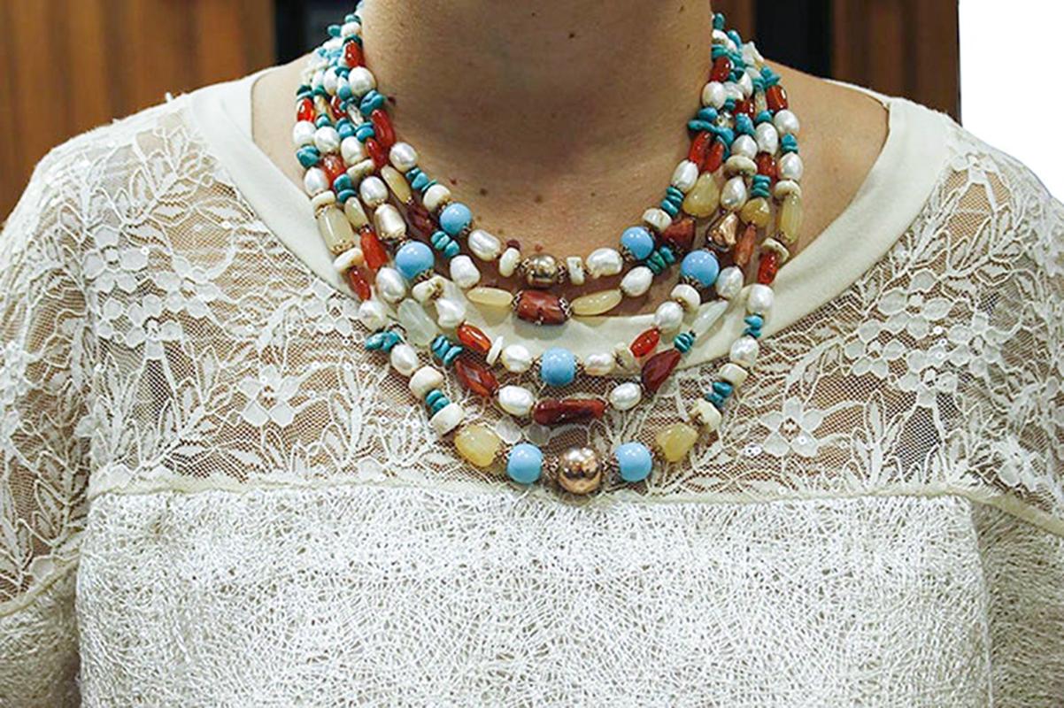 Retro White Stones Turquoise Pearls Carnelians Moon-Stone Silver Multi-Strand Necklace