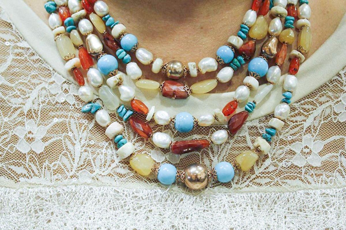 Mixed Cut White Stones Turquoise Pearls Carnelians Moon-Stone Silver Multi-Strand Necklace