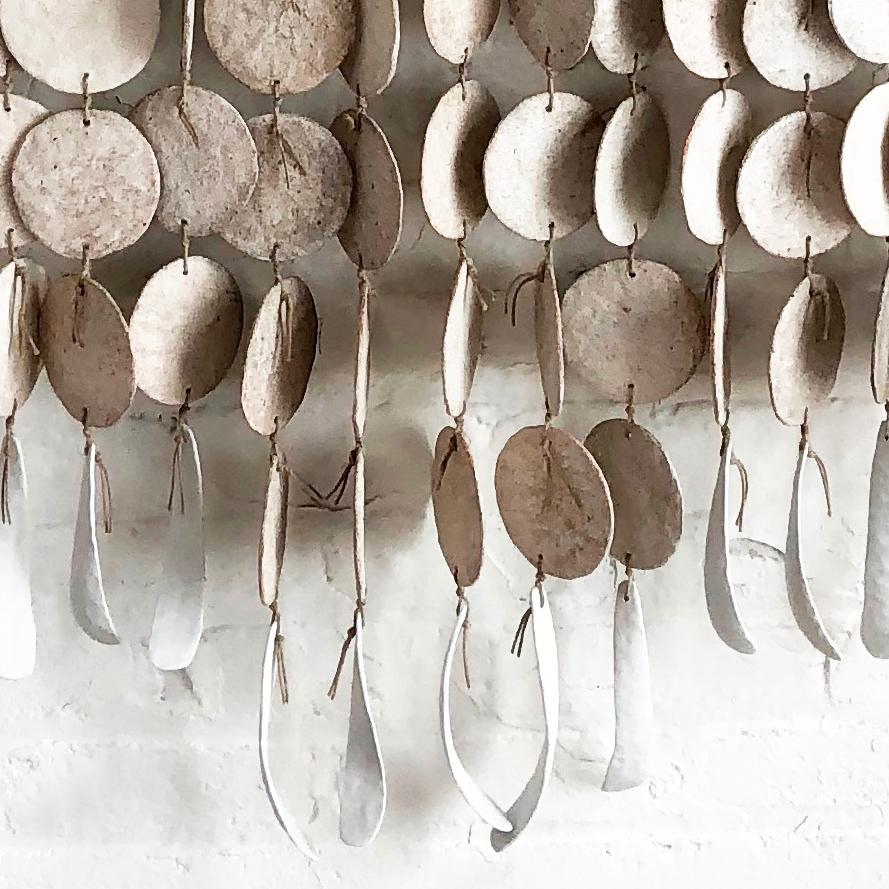 Hand-Crafted White Stoneware Disc Curtain with Porcelain Featherbones by MQuan Studio For Sale