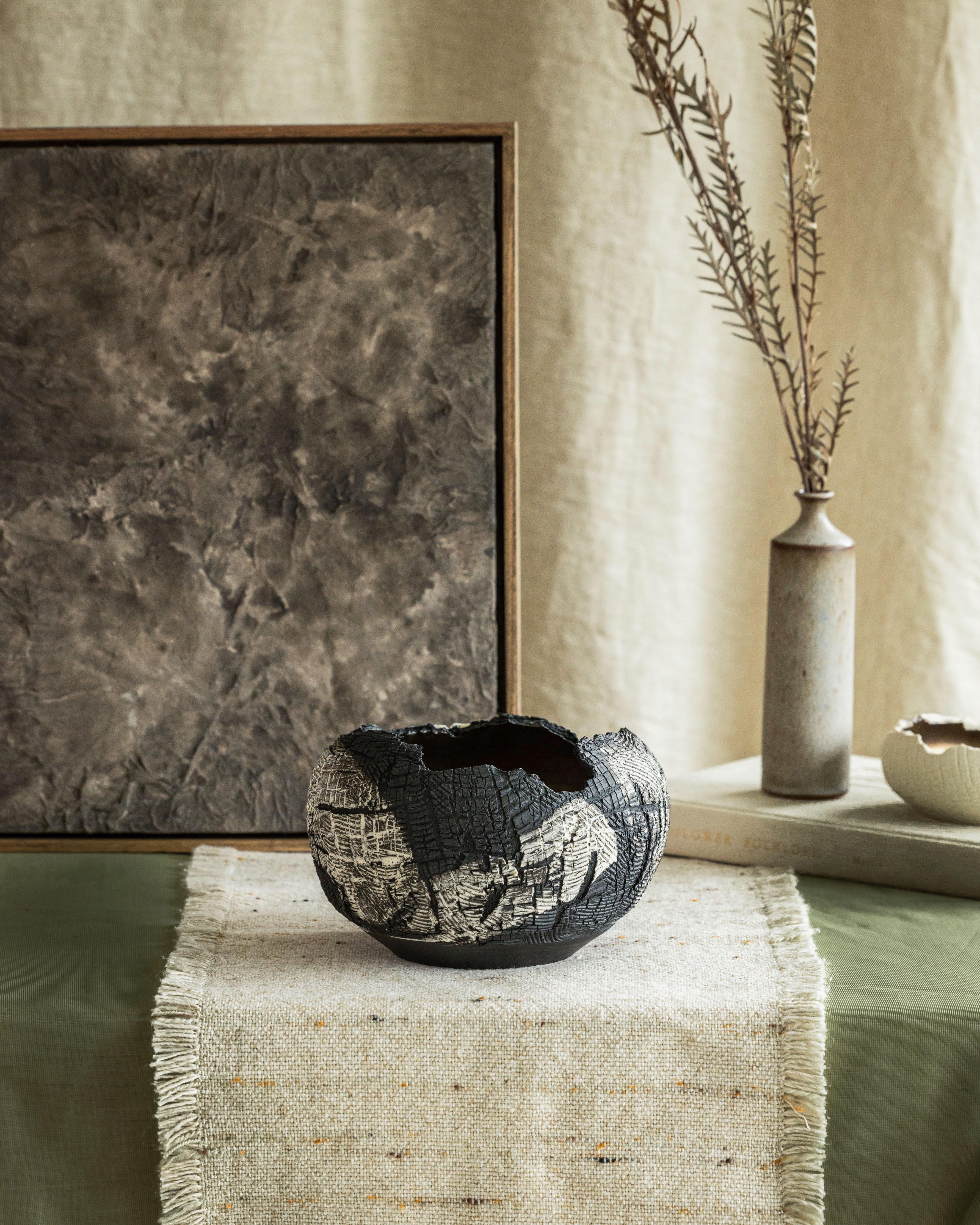 Post-Modern White Stoneware Lined, Distressed Form NO.3  by Alexandria Roby For Sale