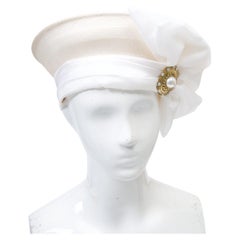 White Straw and Sheer Fabric Hat with Bow and Brooch