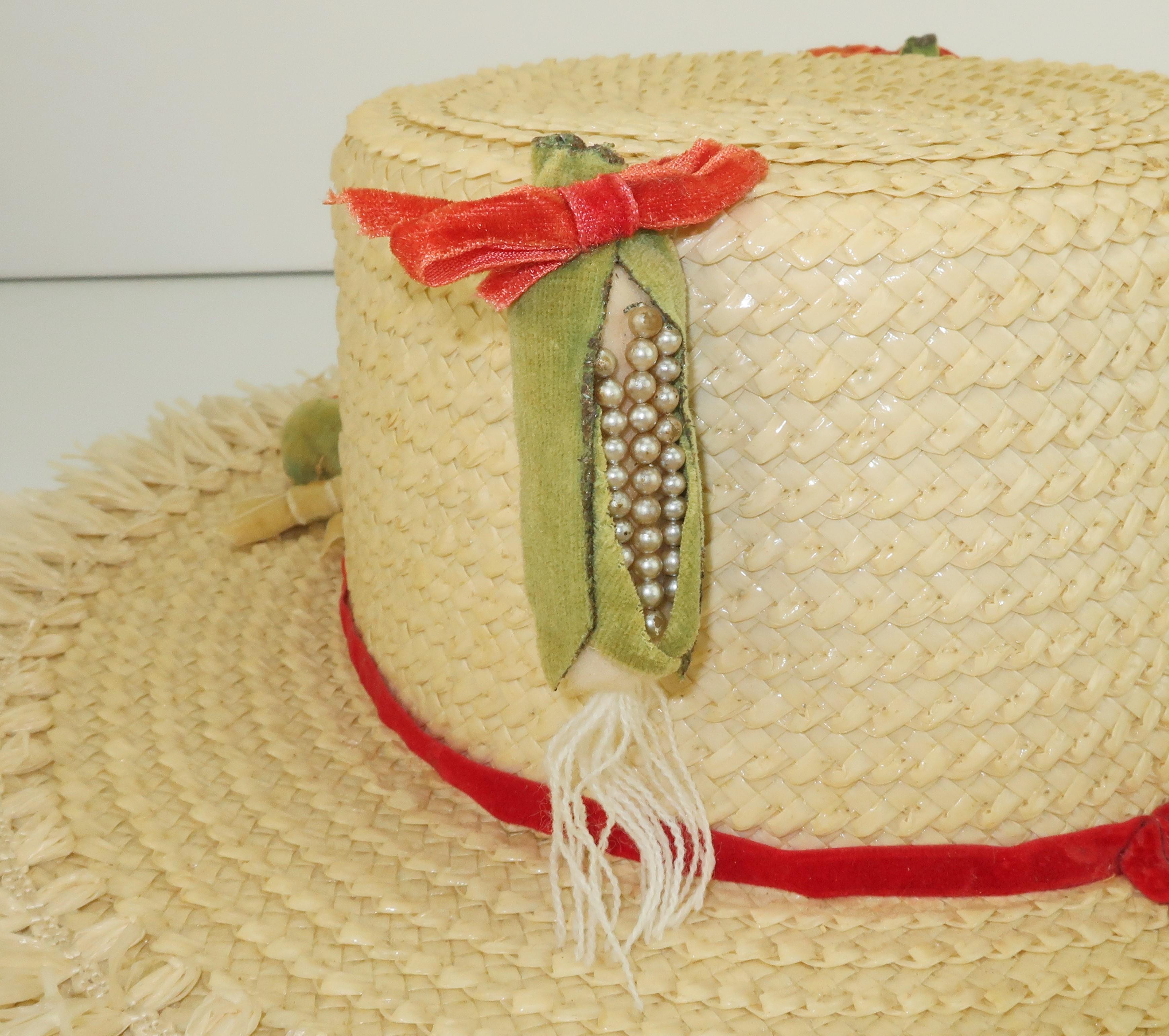Women's White Straw Raffia Trim Novelty Hat With Strawberries, 1950's
