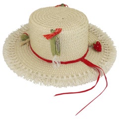 White Straw Raffia Trim Novelty Hat With Strawberries, 1950's