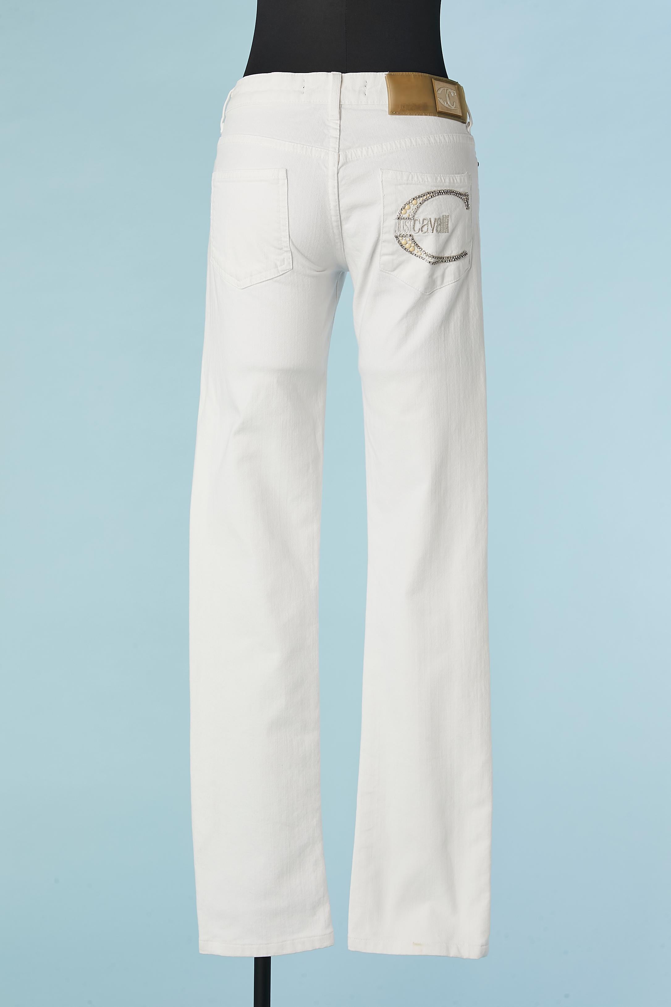 Women's White stretch jean with rhinestone embroderies on the back pocket Just Cavalli For Sale
