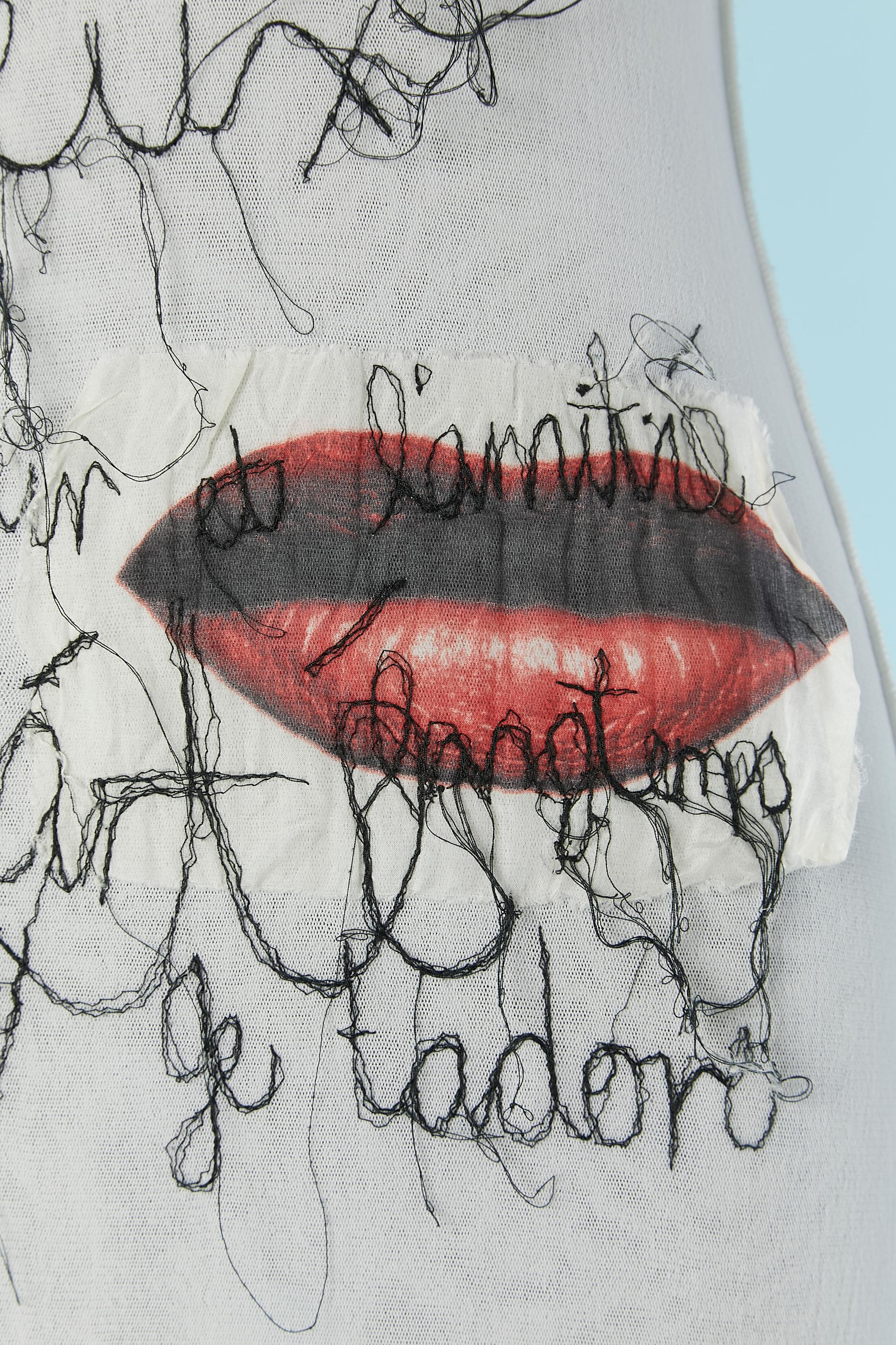 Gray White stretch tulle with black thread embroideries Jean-Paul Gaultier Maille