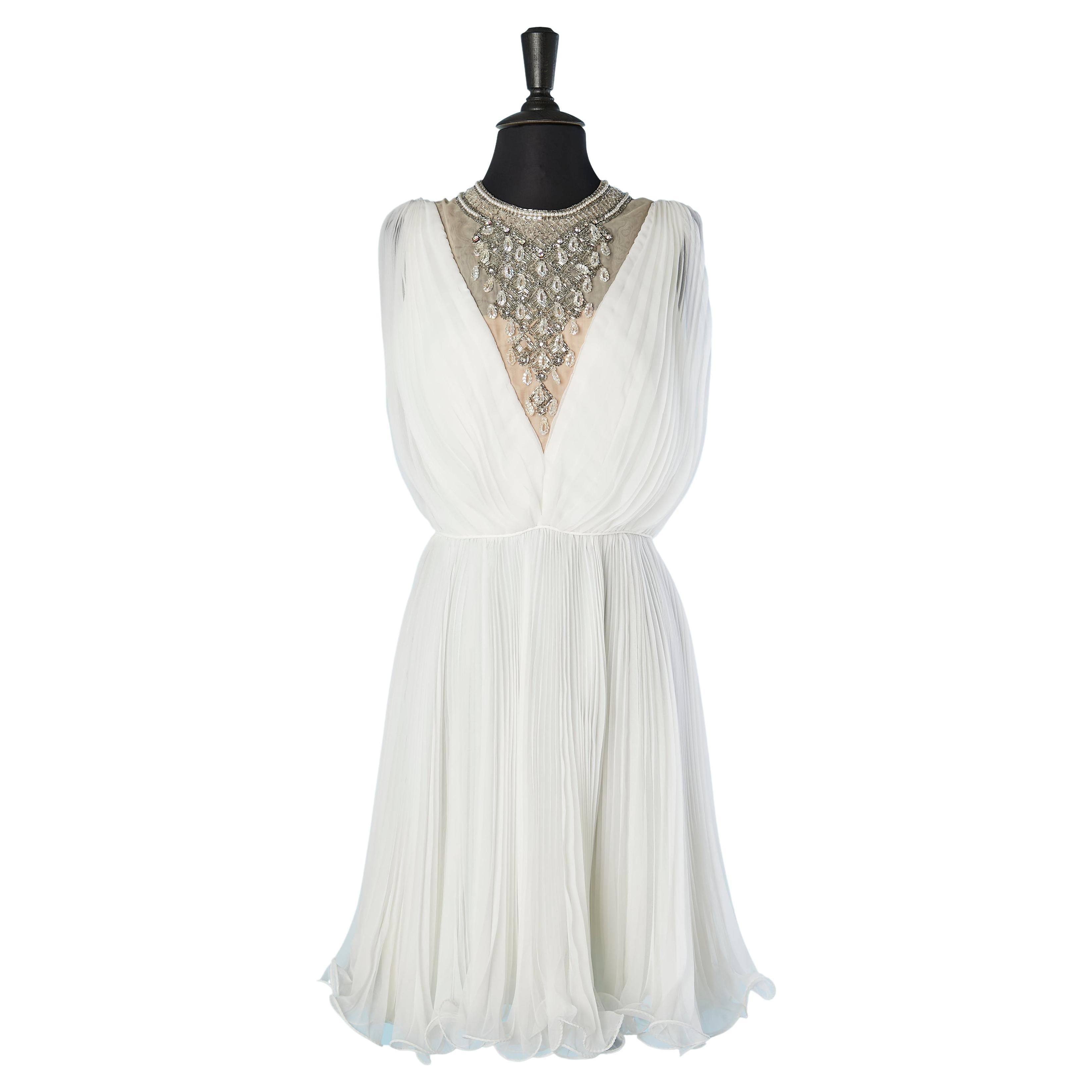 White sunray pleated cocktail dress with embroideries on neckline Jack Bryan  For Sale