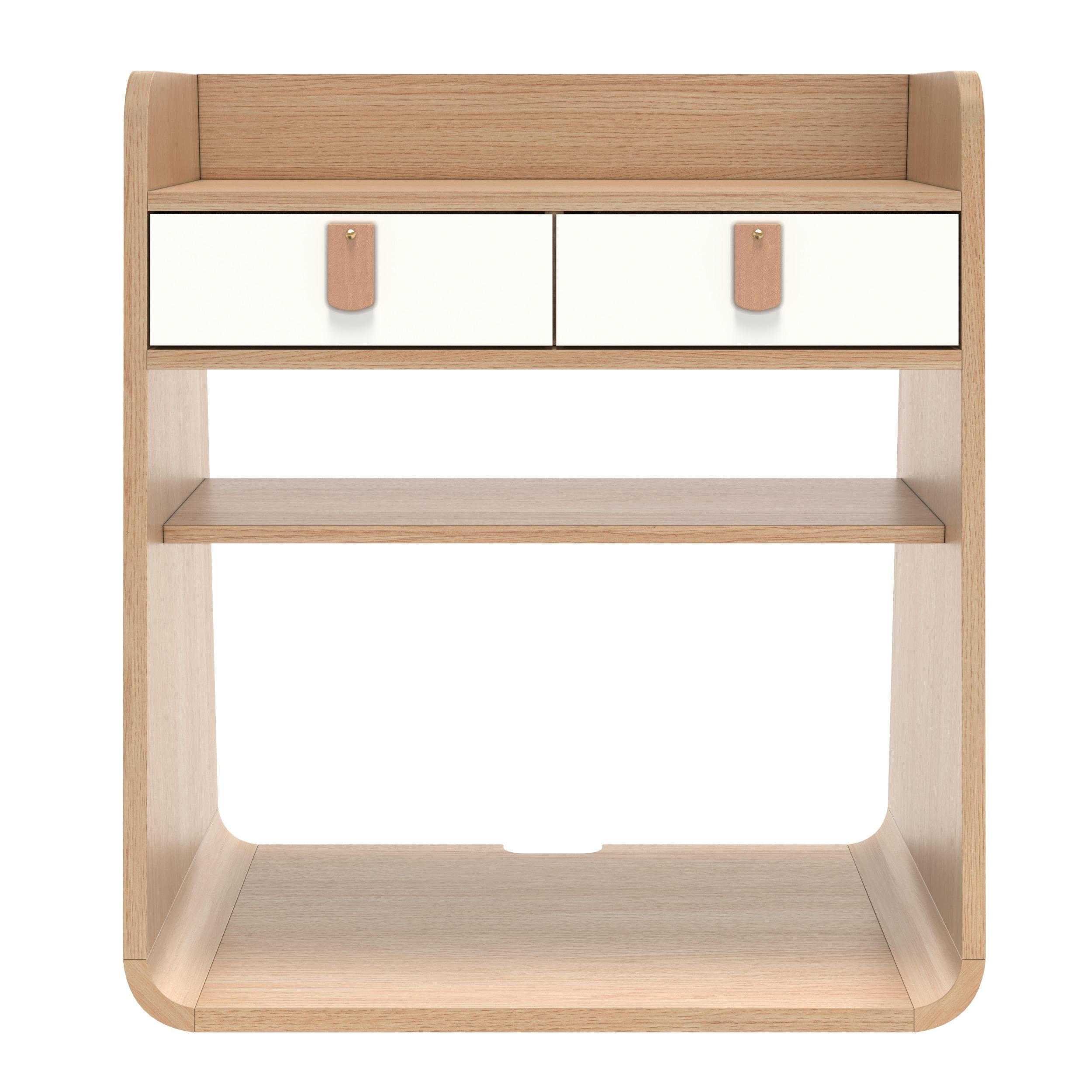 White Suzon Floating Nightstand Natural Oak by HARTO
Dimensions: W 36 x D 22.6 x H 39.7 cm. 
Materials: MDF wood veneer, Lacquered MDF, Leather. 
Weight: 5.5 kg

Suzon is a wall-mounted bedside table, ideal for saving floor space. Its small drawers