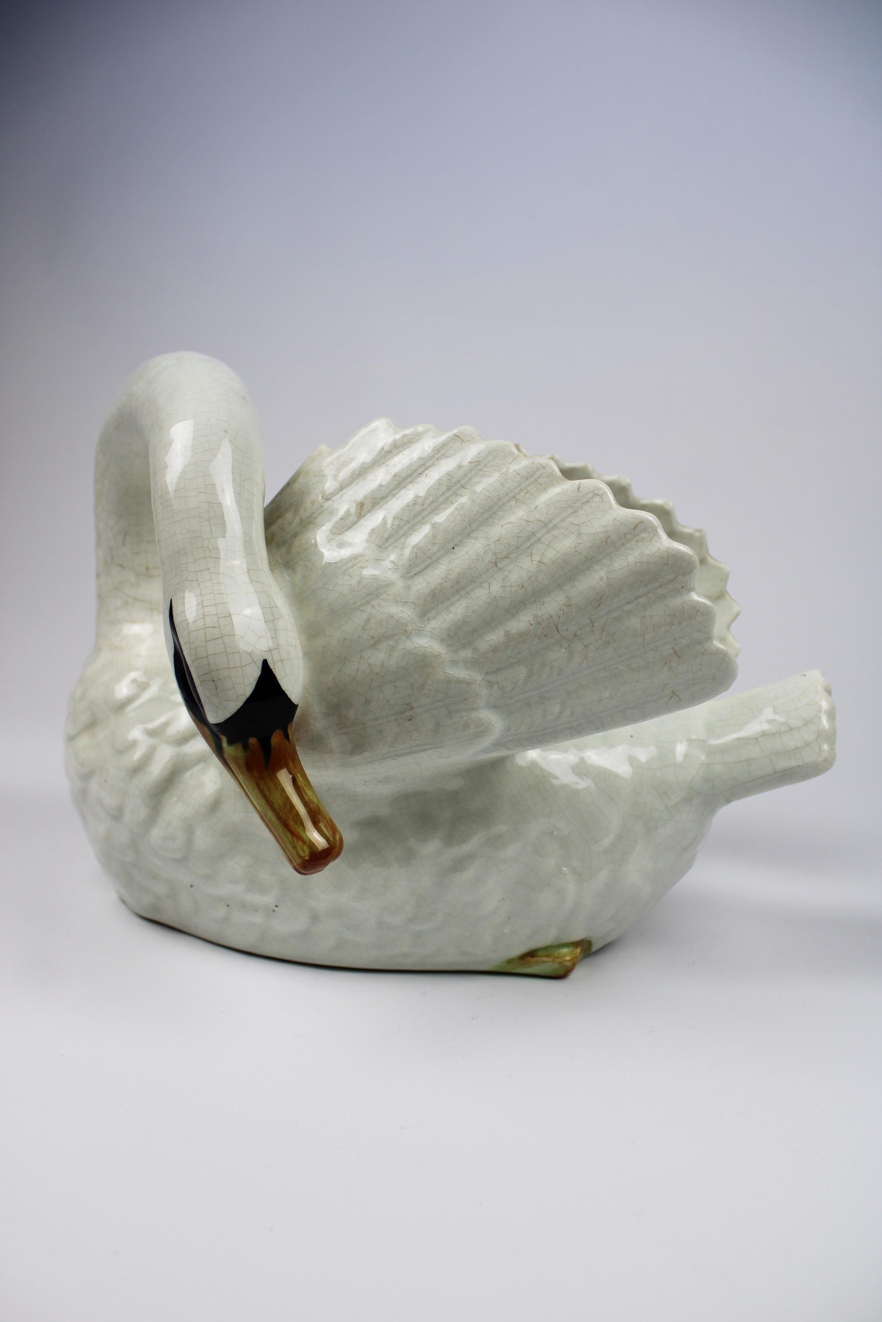 Early 20th Century White Swan Jardinière Majolica Stamped Imeriale Nimy Belgium Art Nouveau 1900 For Sale