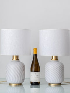White Swirl Murano Glass Table Lamps, Italy 1970s, Pair, New Lampshades