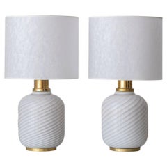 White Swirl Murano Glass Table Lamps, Italy 1970s, Pair, New Lampshades