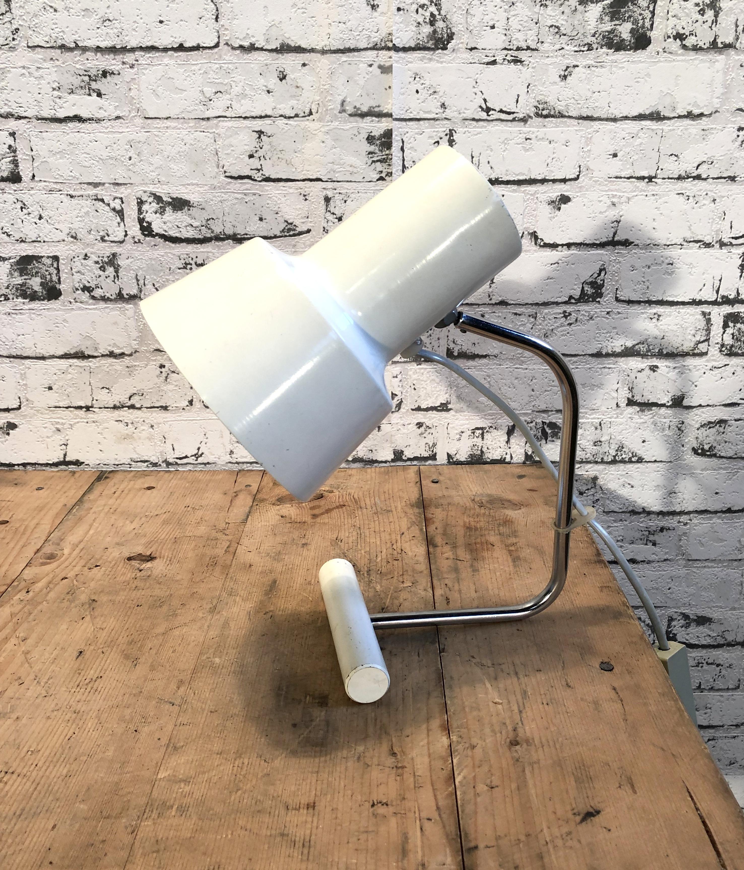 This table lamp, Napako model 85132, was designed by Josef Hurka and produced in former Czecholovakia by Napako during the 1960s. Lamp has steel body and aluminium lampshade. In a good vintage condition. Small signs of use.
 
