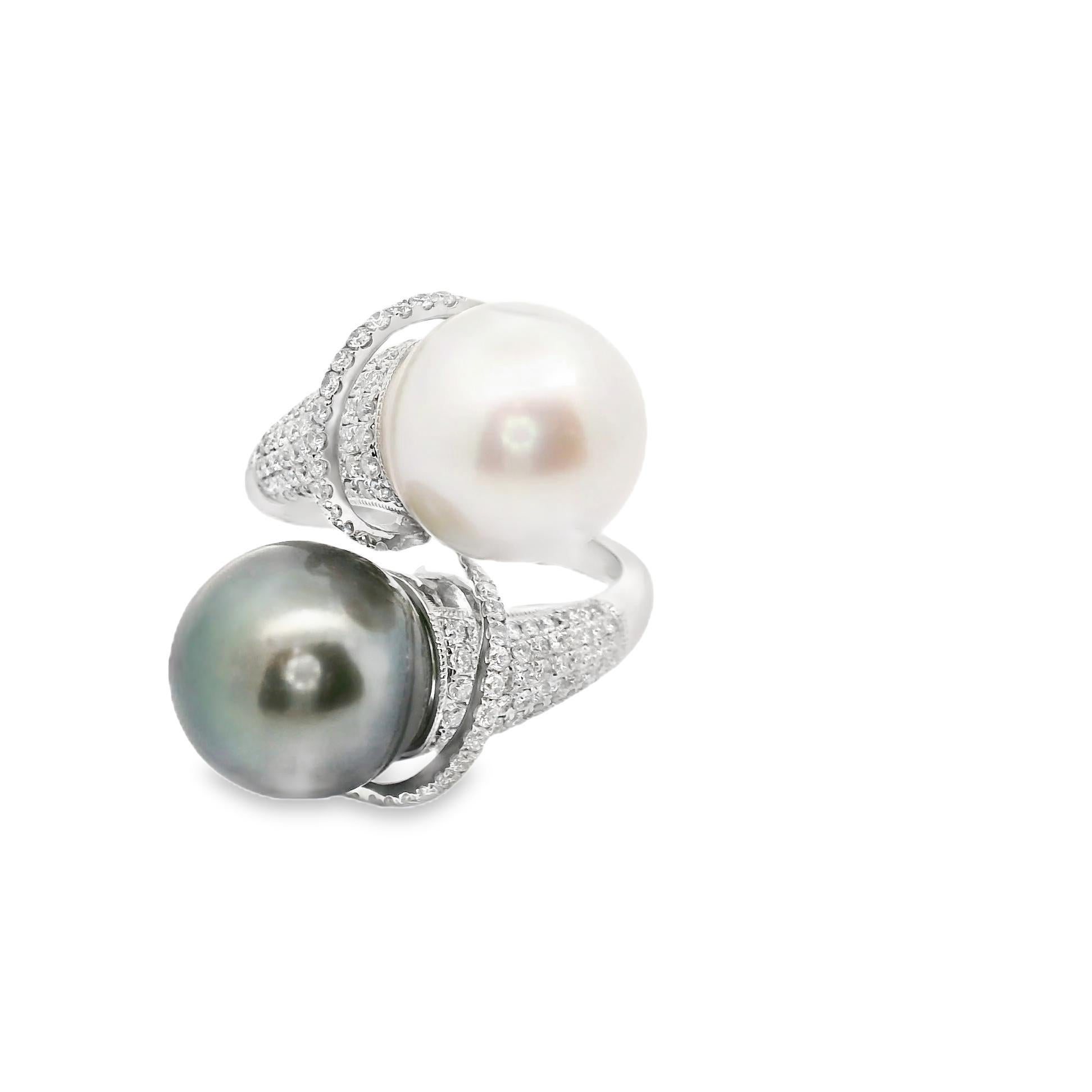 Ball Cut White & Tahitian Cultured Pearl Diamond 18k White Gold Bypass Ring For Sale