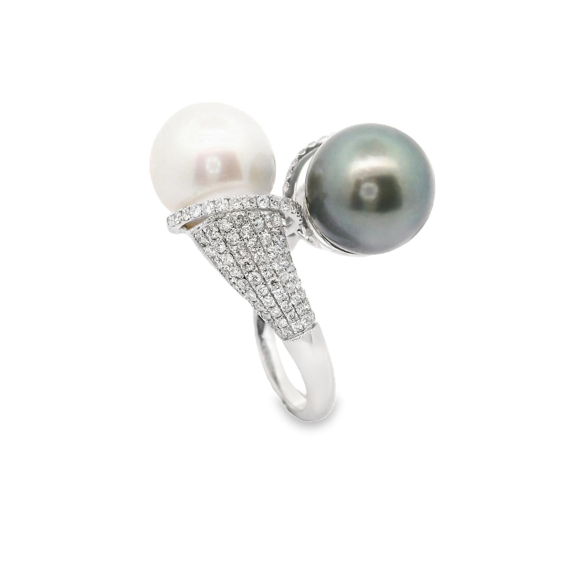 Women's White & Tahitian Cultured Pearl Diamond 18k White Gold Bypass Ring For Sale