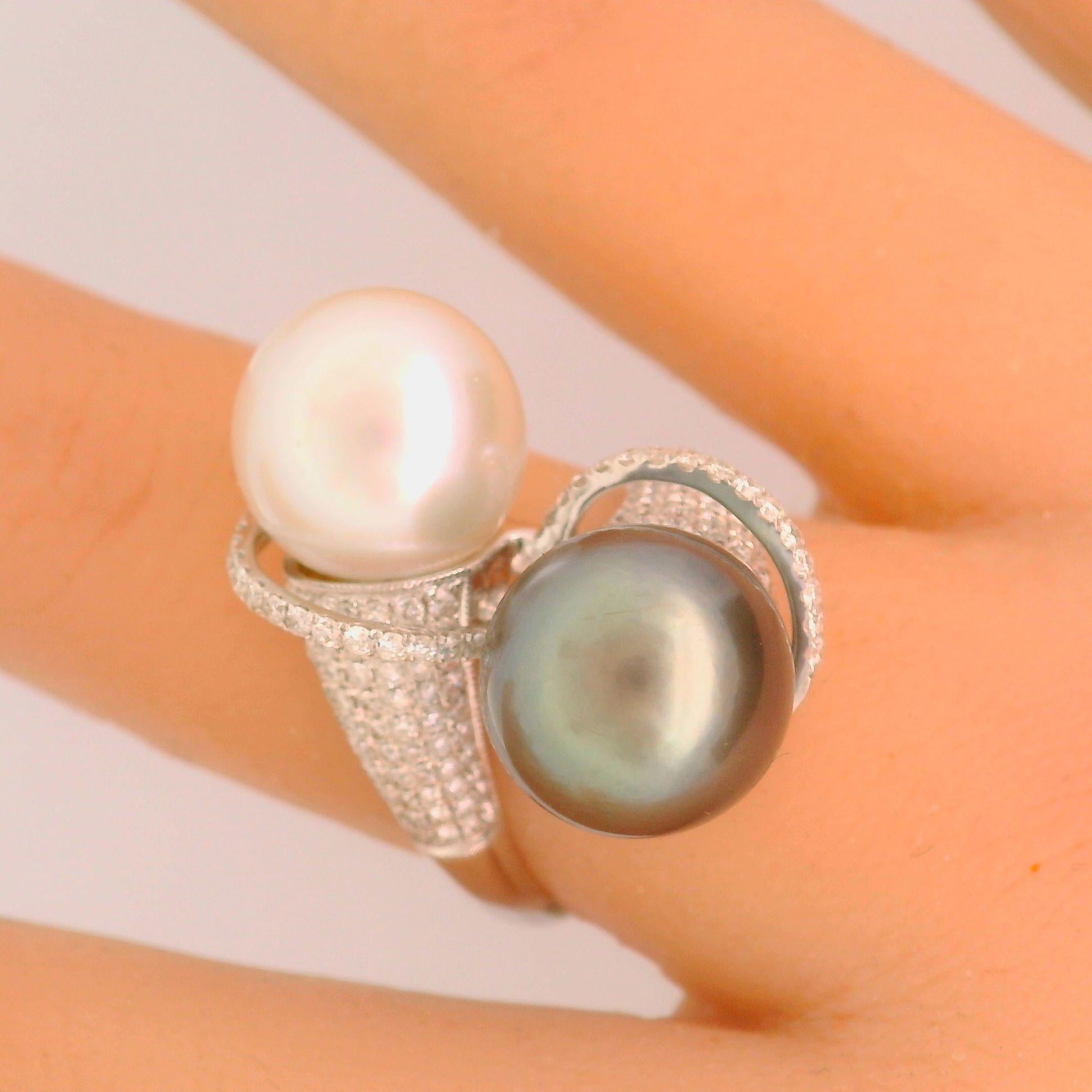 White & Tahitian Cultured Pearl Diamond 18k White Gold Bypass Ring For Sale 1