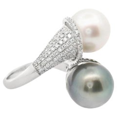 White & Tahitian Cultured Pearl Diamond 18k White Gold Bypass Ring