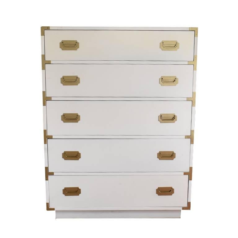 White Tall Dixie Campaign Dresser with Five Drawers and Brass Hardware
