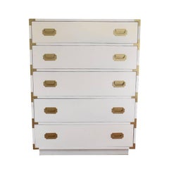 Retro White Tall Dixie Campaign Dresser with Five Drawers and Brass Hardware