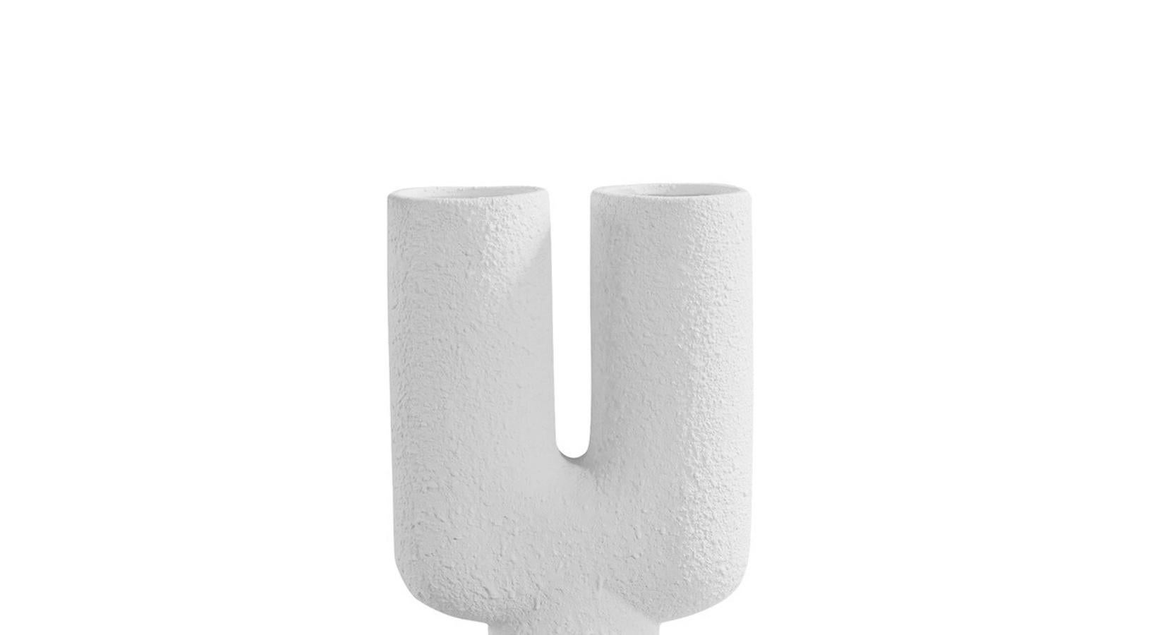 Contemporary Danish tall textured white ceramic vase with two round spouts on a base of two round spheres.
Very sculptural in design.
Smaller version available S5602
Two available and sold individually.

