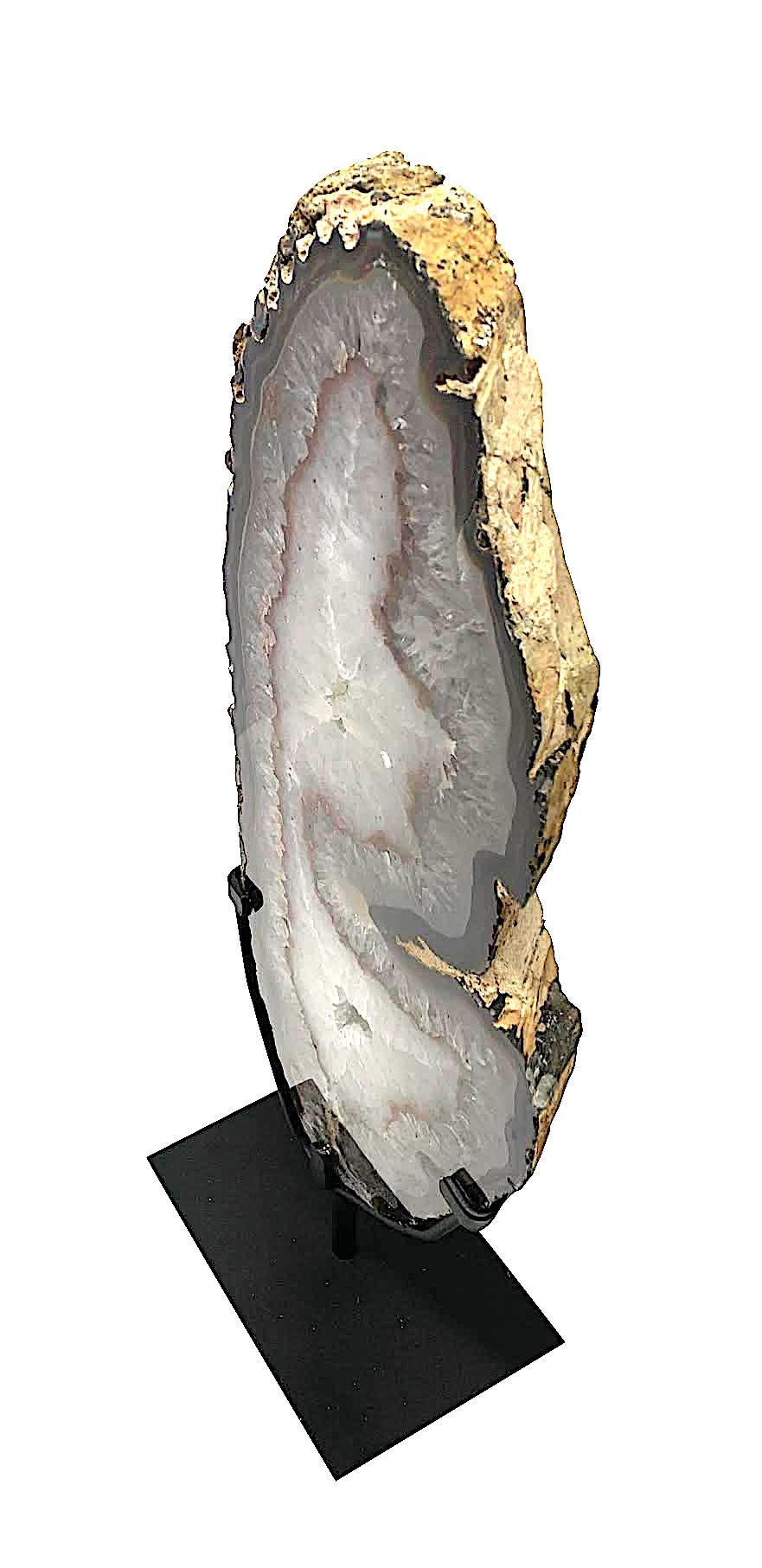 Brazilian White, Taupe, Rust Agate Geode Sculpture On Stand, Brazil, Prehistoric For Sale
