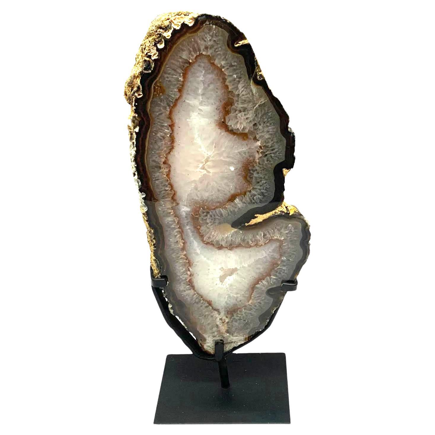 White, Taupe, Rust Agate Geode Sculpture On Stand, Brazil, Prehistoric For Sale